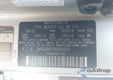 2022 Kia Rio S z USA, uszkodzony, nr VIN 3KPA24AD1NE495413